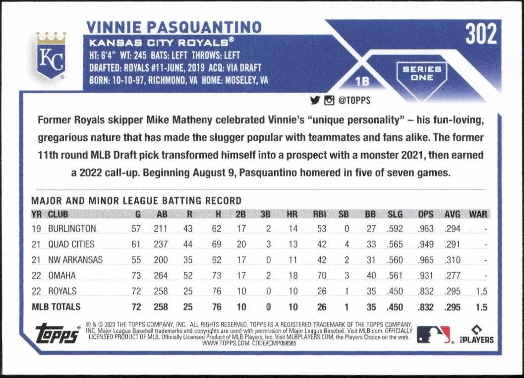 2023 Topps Vinnie Pasquantino #302 baseball trading card back