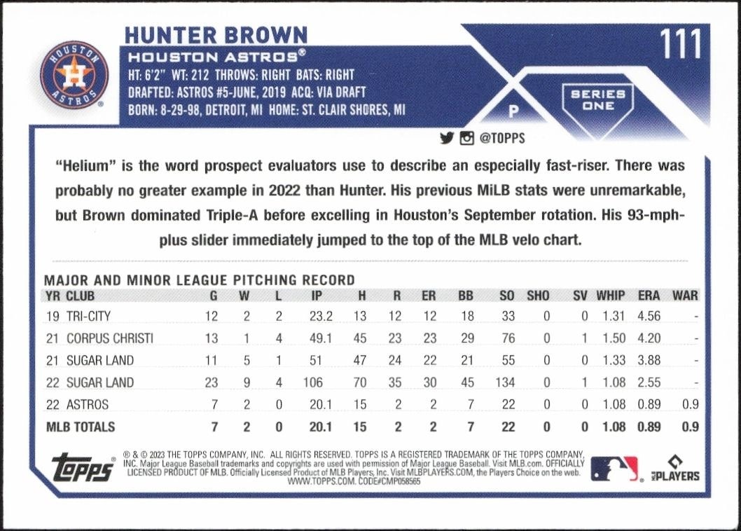 2023 Topps Hunter Brown #111 baseball trading card back