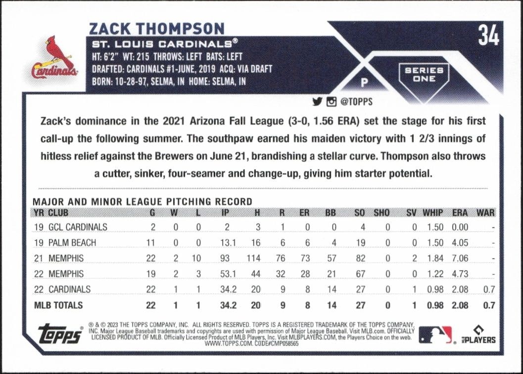 2023 Topps Zack Thompson #34 baseball trading card back
