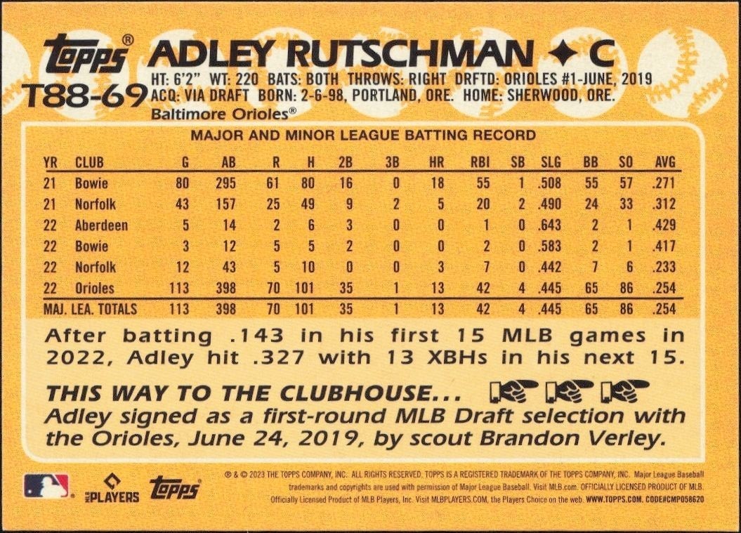 2023 Topps Adley Rutschman #T88-69 baseball trading card back