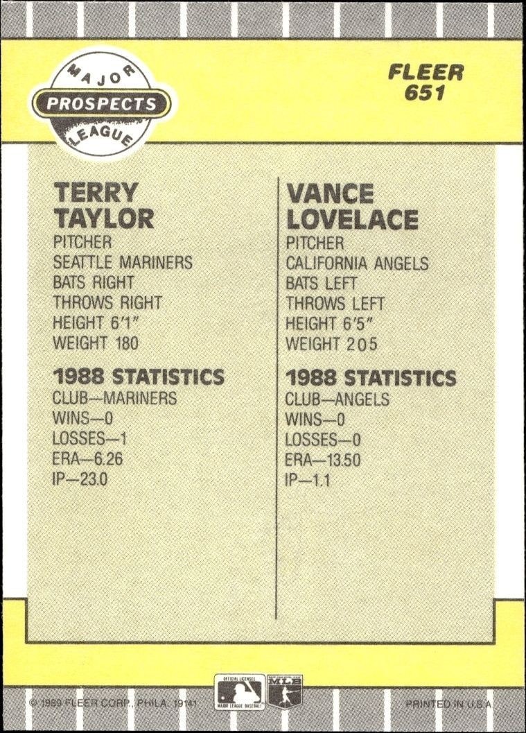 1989 Fleer Terry Taylor #651 baseball trading card back