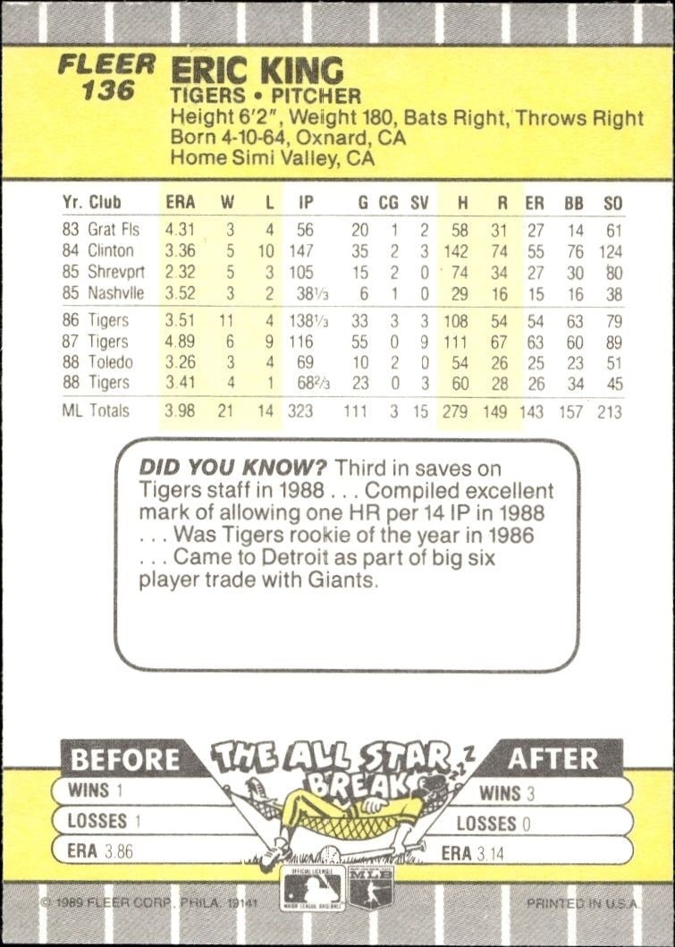 1989 Fleer Eric King #136 baseball trading card back