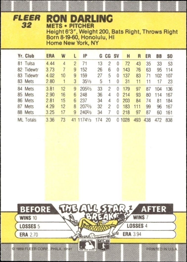 1989 Fleer Ron Darling #32 baseball trading card back