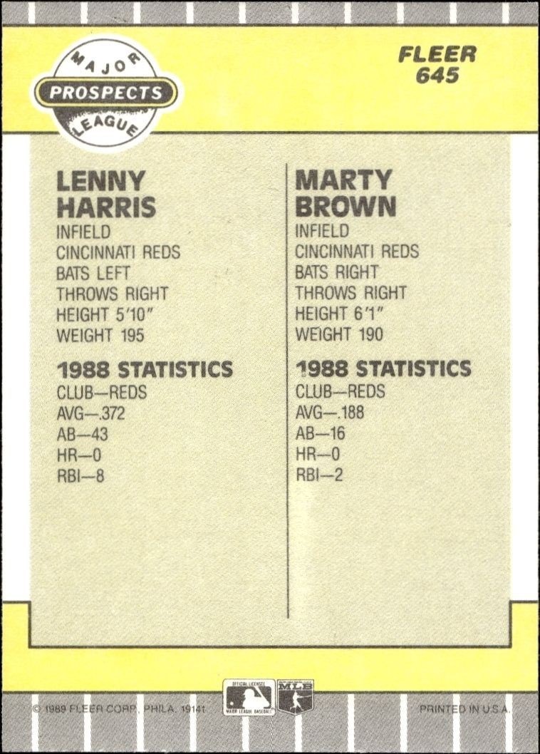1989 Fleer Lenny Harris #645 baseball trading card back