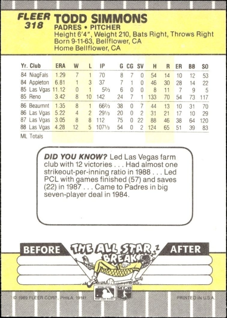 1989 Fleer Todd Simmons #318 baseball trading card back