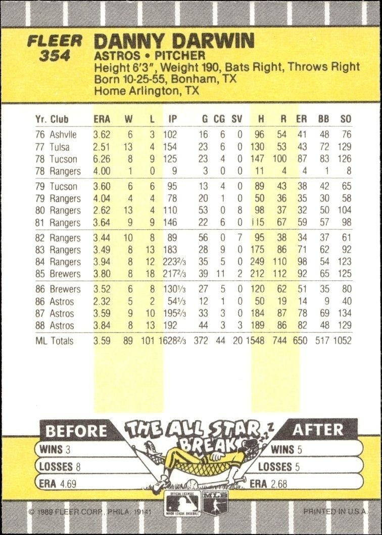 1989 Fleer Danny Darwin #354 baseball trading card back