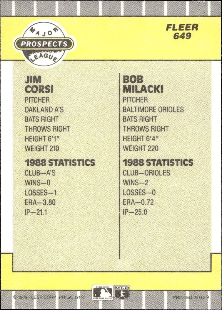 1989 Fleer Bob Milacki #649 baseball trading card back