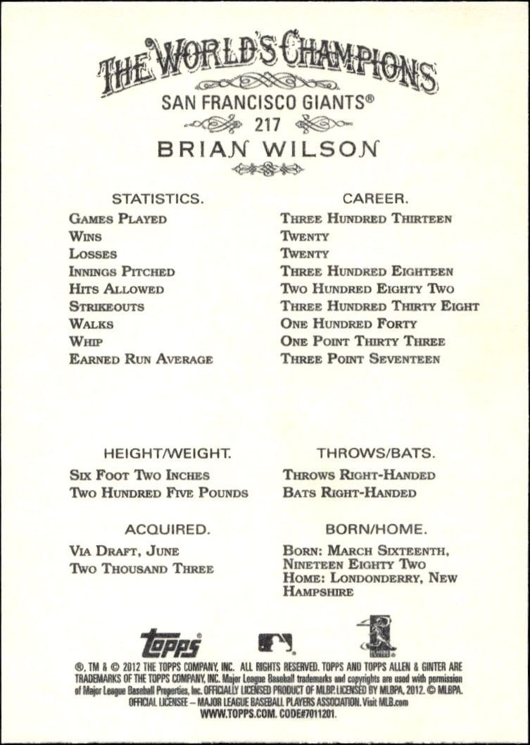 2012 Topps Allen & Ginter Brian Wilson #217 baseball trading card back