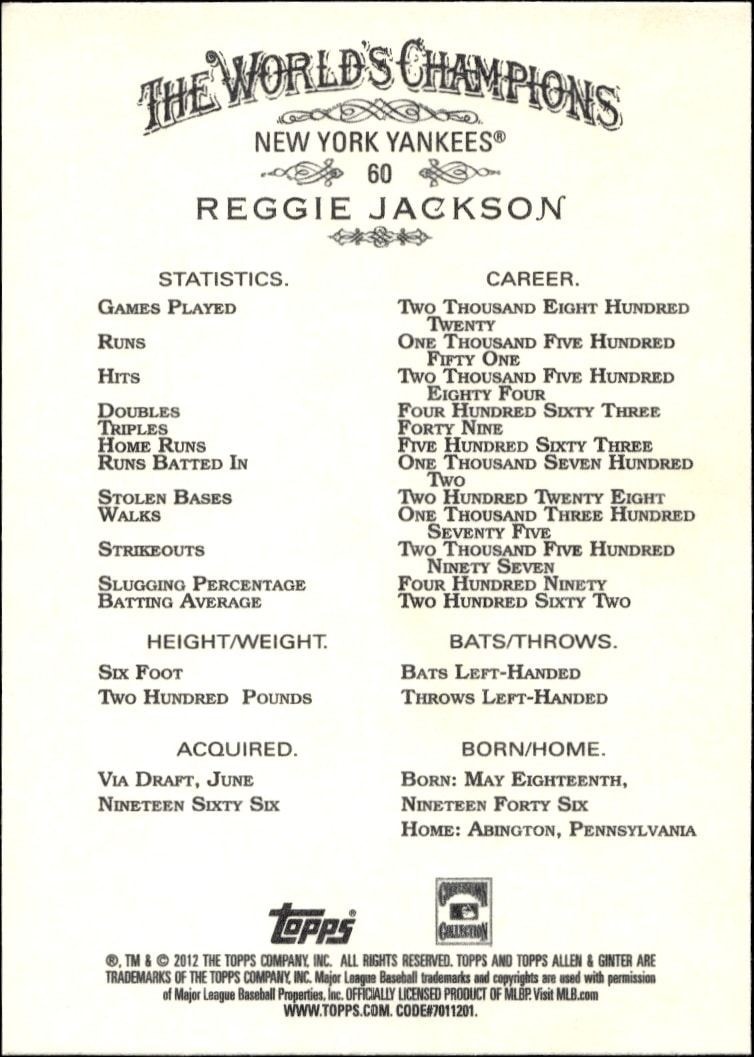 2012 Topps Allen & Ginter Reggie Jackson #60 baseball trading card back