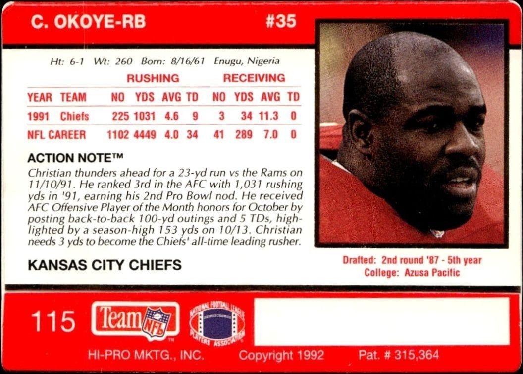1992 Action Packed Christian Okoye #115 football trading card back