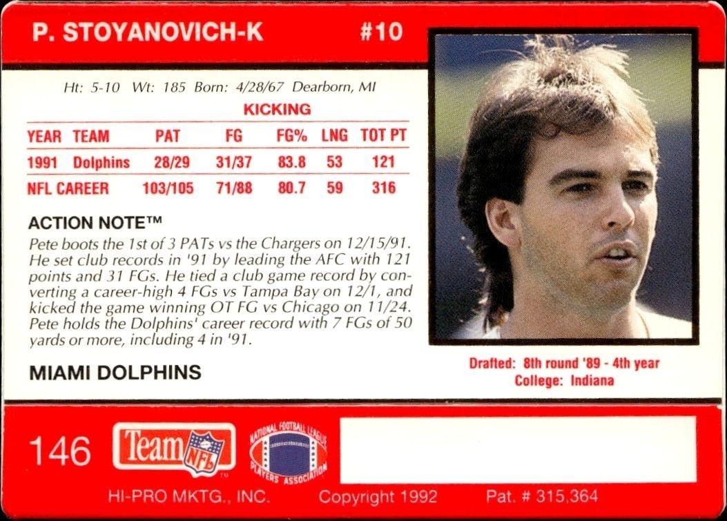 1992 Action Packed Pete Stoyanovich #146 football trading card back