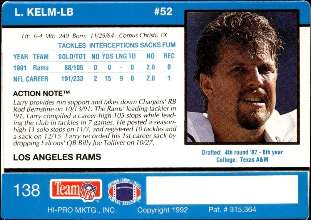 1992 Action Packed Larry Kelm #138 football trading card back