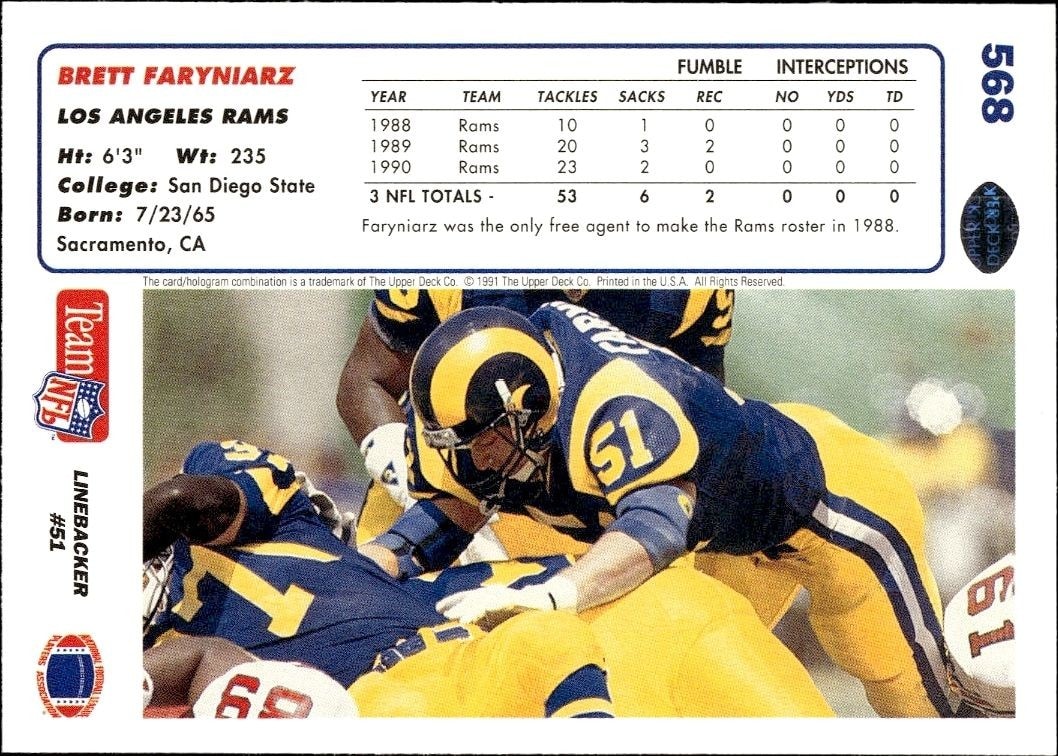 1991 Upper Deck Brett Faryniarz #568 football trading card back