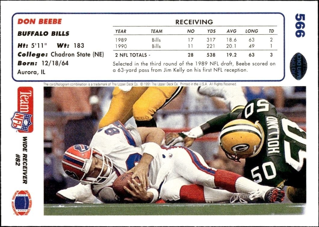 1991 Upper Deck Don Beebe #566 football trading card back