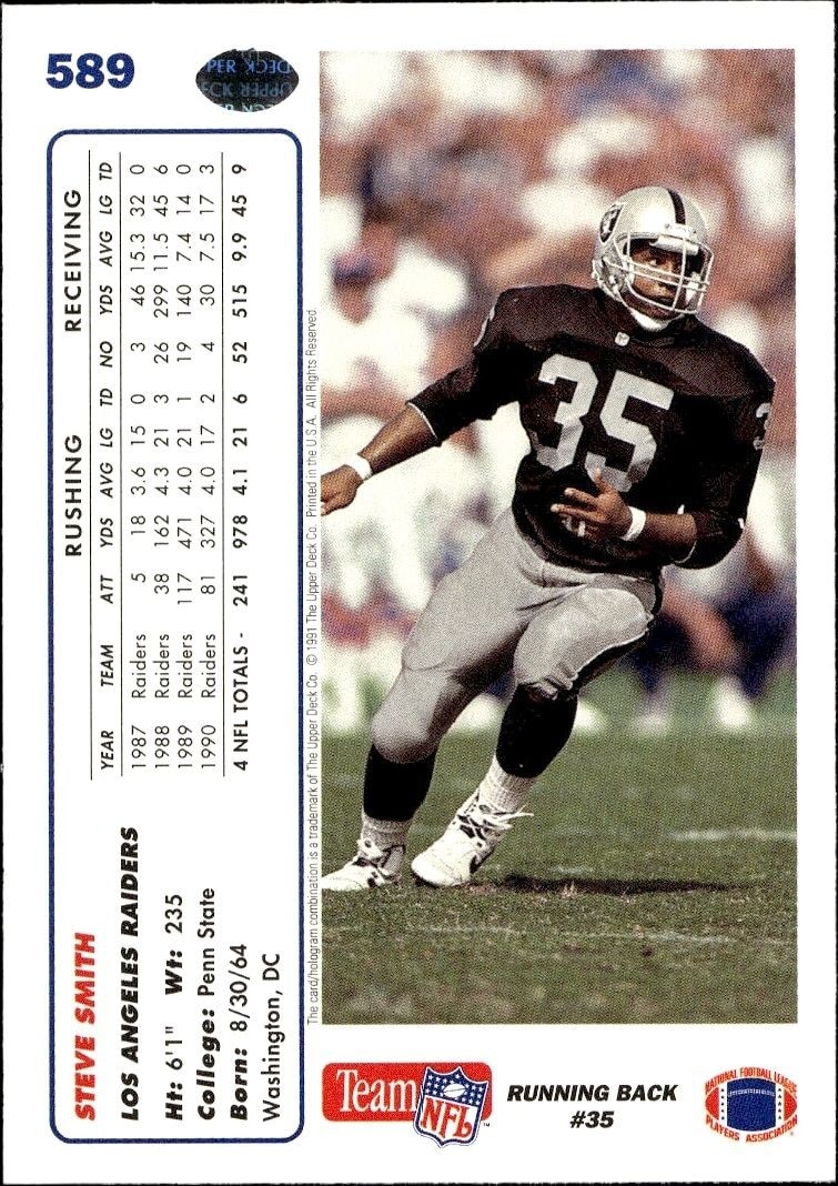 1991 Upper Deck Steve Smith #589 football trading card back