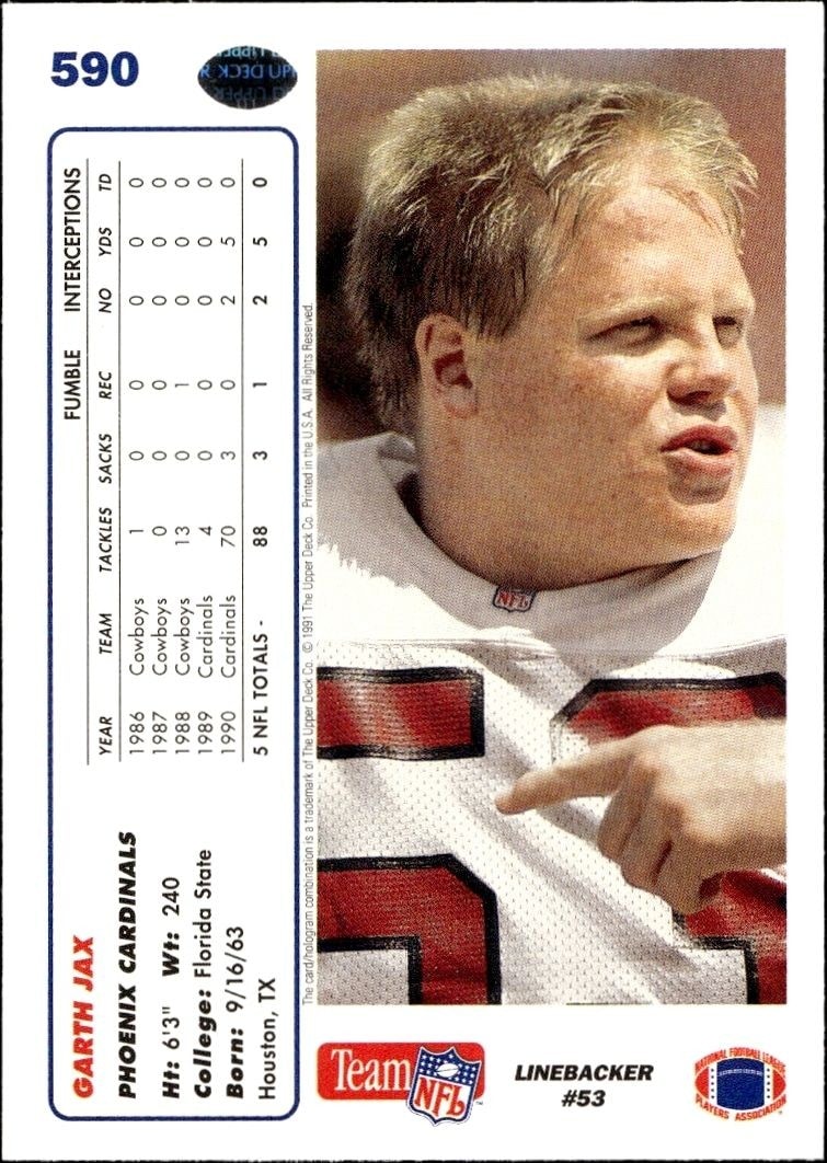 1991 Upper Deck Garth Jax #590 football trading card back