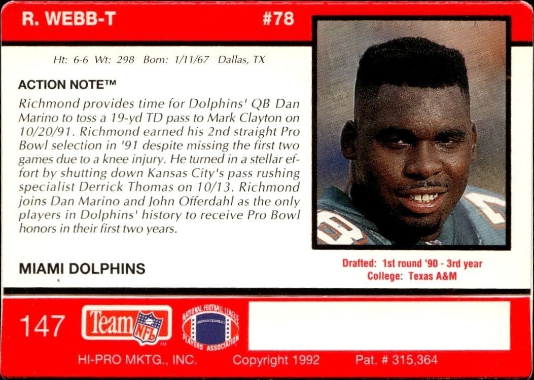 1992 Action Packed Richmond Webb #147 football trading card back