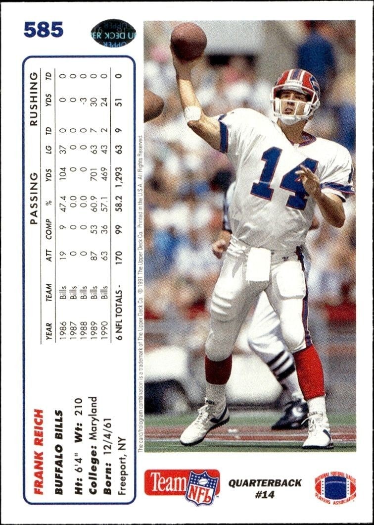 1991 Upper Deck Frank Reich #585 football trading card back