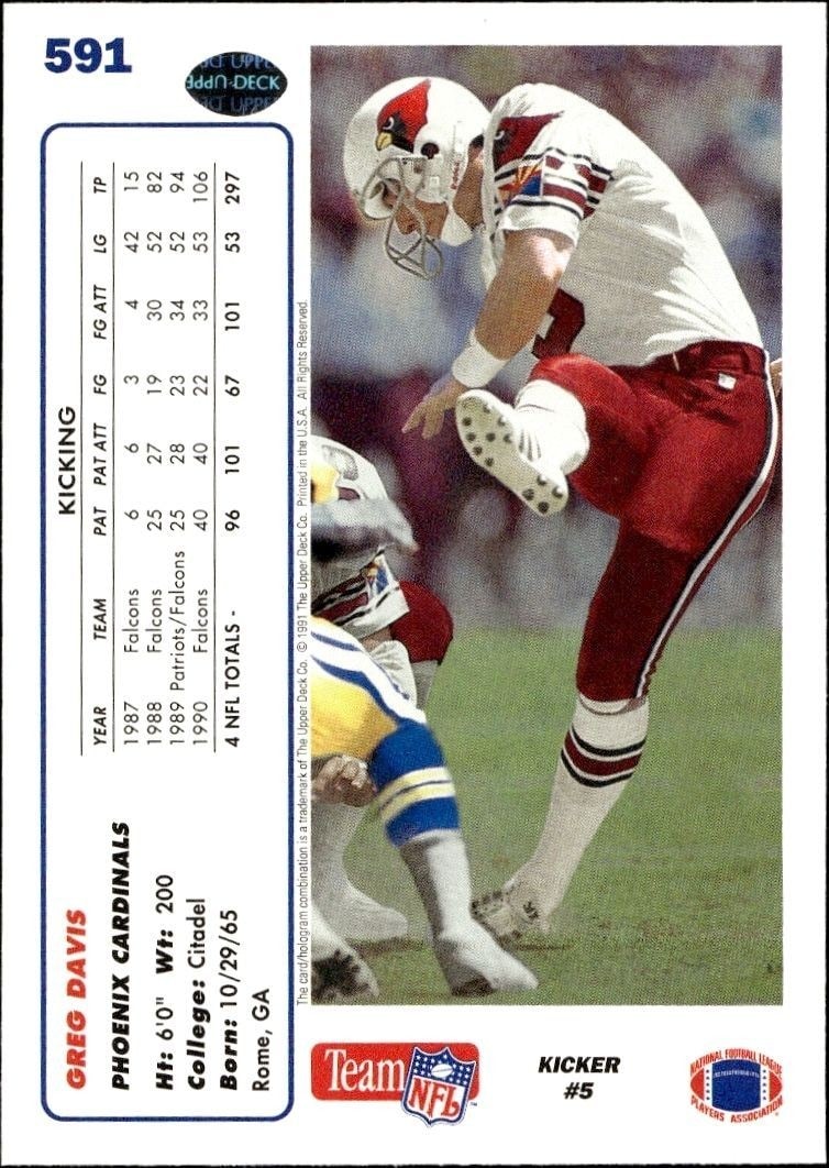 1991 Upper Deck Greg Davis #591 football trading card back