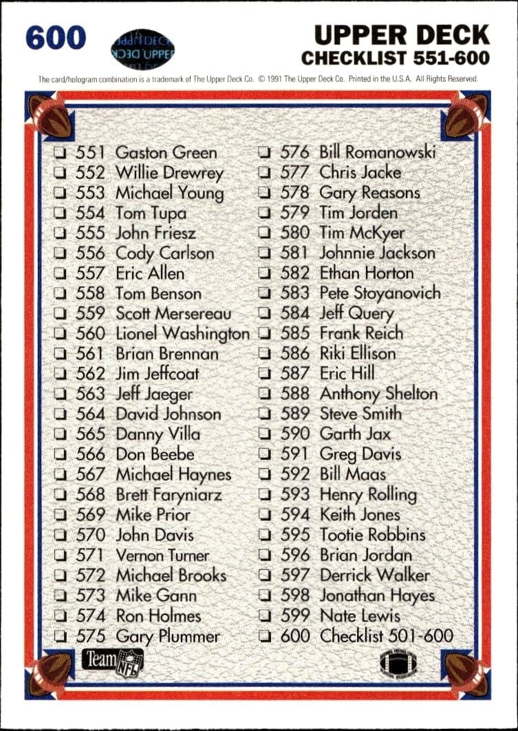 1991 Upper Deck Checklist #600 football trading card back