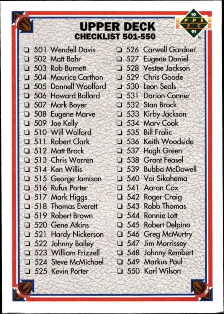 1991 Upper Deck Checklist #600 football trading card front