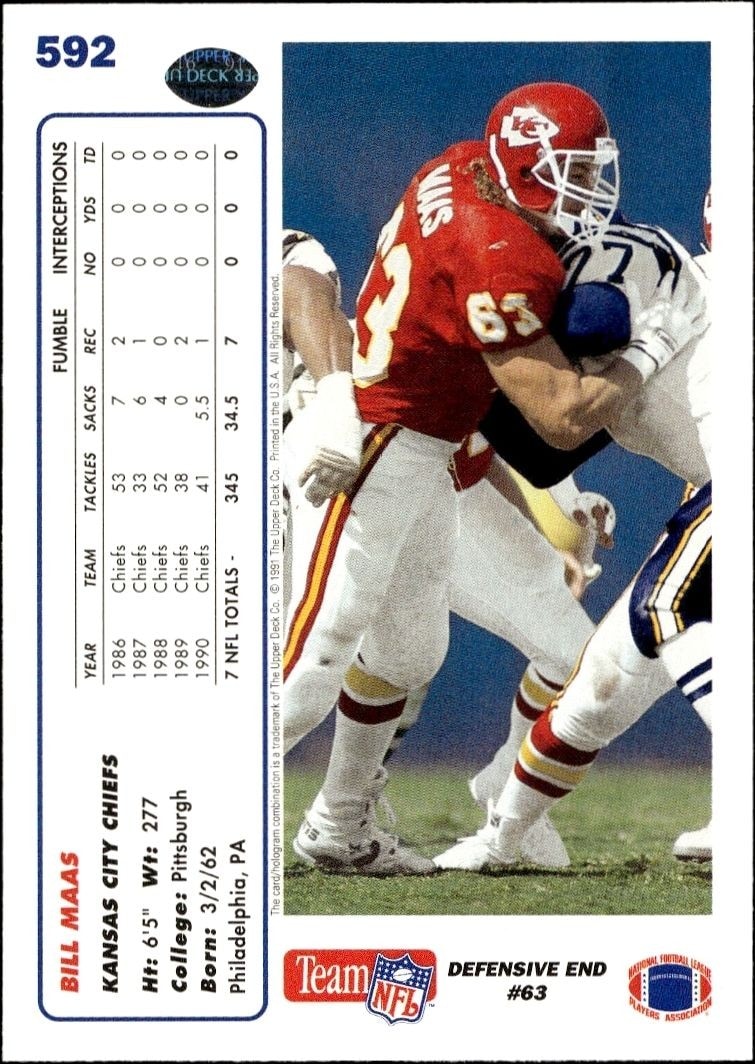 1991 Upper Deck Bill Maas #592 football trading card back