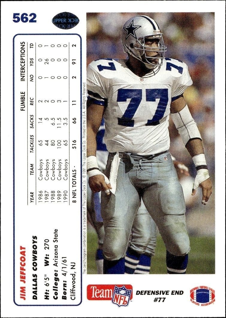 1991 Upper Deck Jim Jeffcoat #562 football trading card back