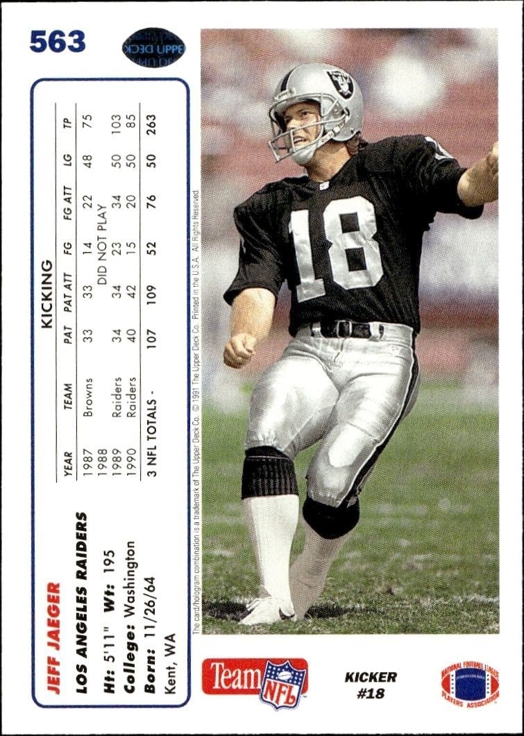 1991 Upper Deck Jeff Jaeger #563 football trading card back