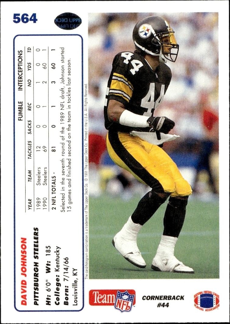 1991 Upper Deck David Johnson #564 football trading card back