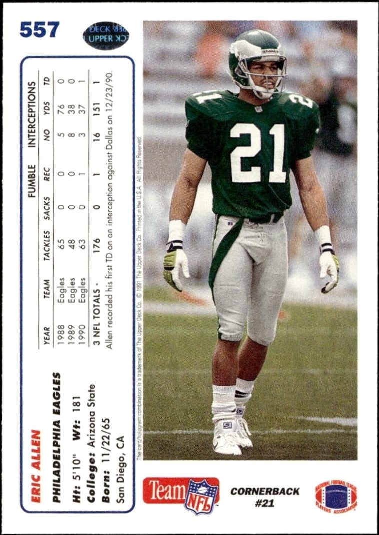 1991 Upper Deck Eric Allen #557 football trading card back