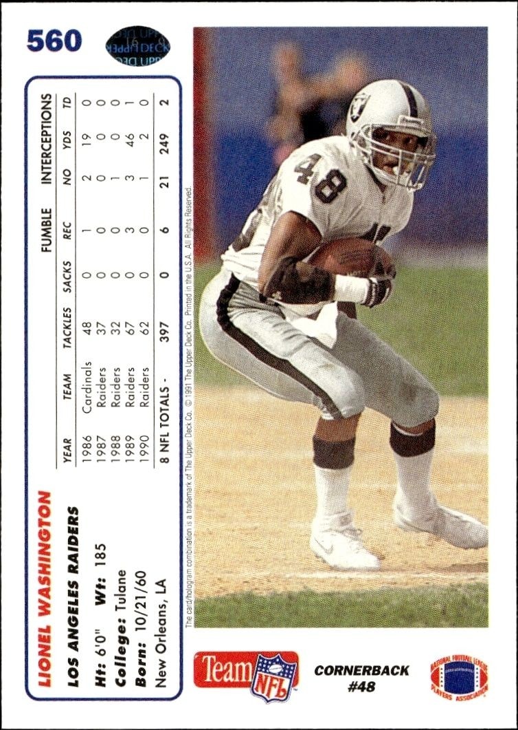 1991 Upper Deck Lionel Washington #560 football trading card back
