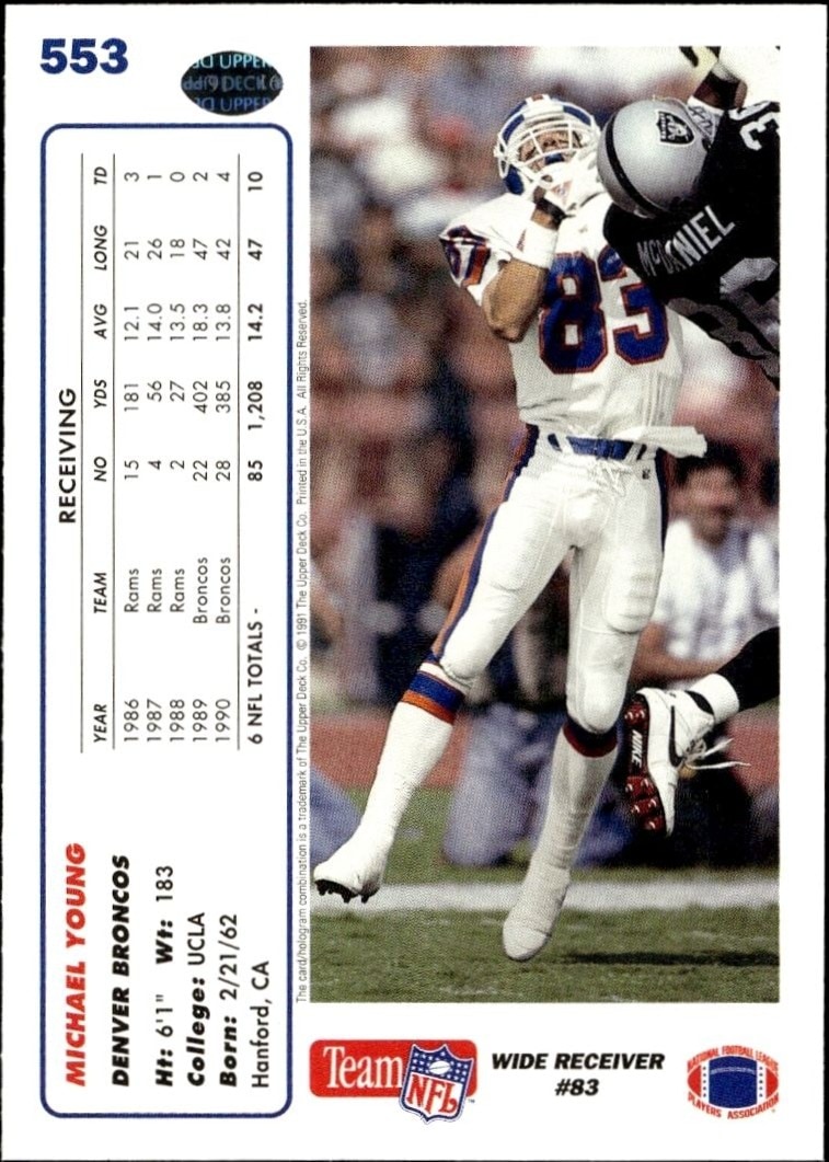 1991 Upper Deck Michael Young #553 football trading card back