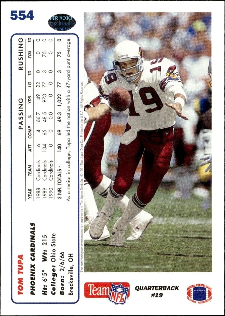 1991 Upper Deck Tom Tupa #554 football trading card back