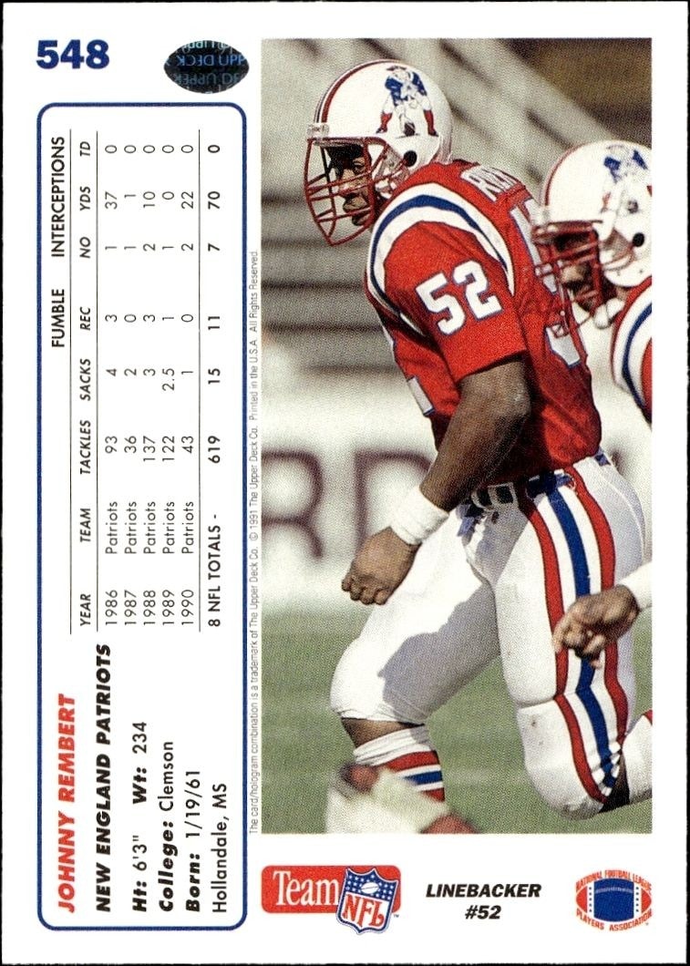1991 Upper Deck Johnny Rembert #548 football trading card back