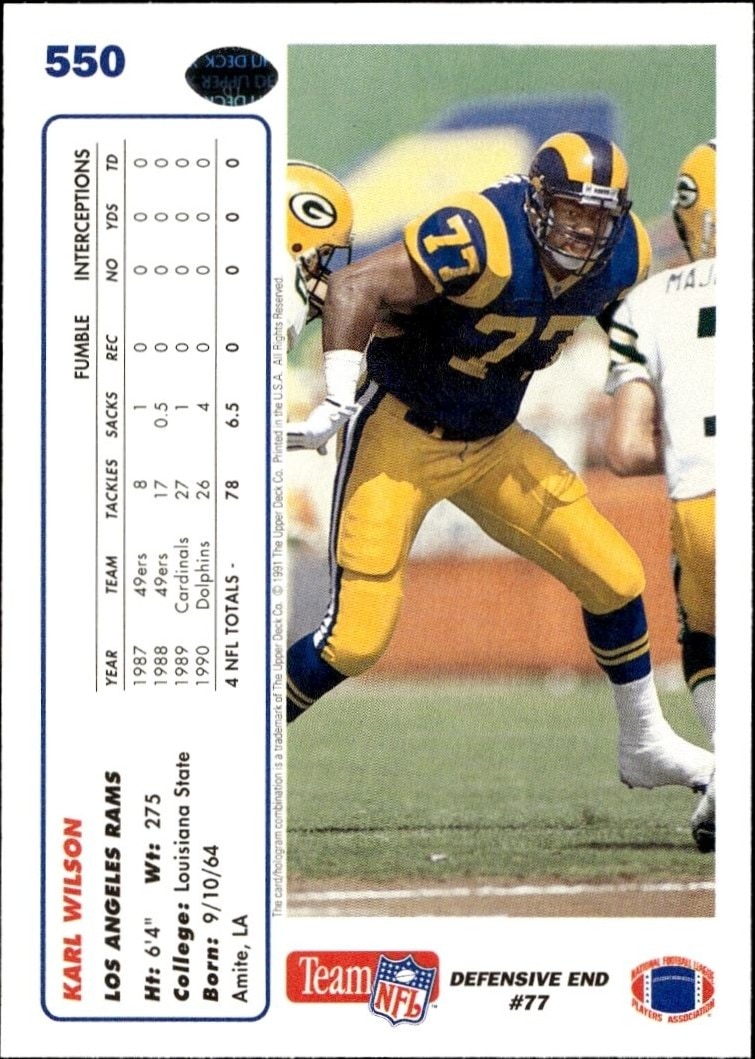 1991 Upper Deck Karl Wilson #550 football trading card back