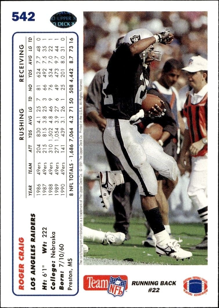 1991 Upper Deck Roger Craig #542 football trading card back
