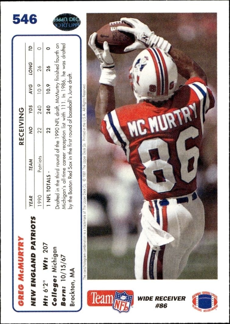 1991 Upper Deck Greg McMurtry #546 football trading card back