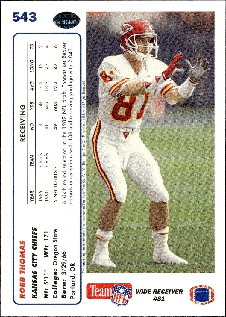 1991 Upper Deck Robb Thomas #543 football trading card back