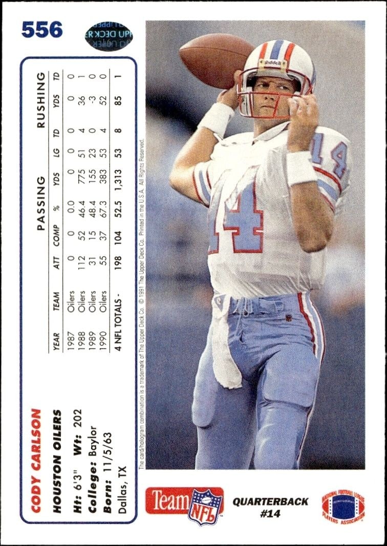 1991 Upper Deck Cody Carlson #556 football trading card back
