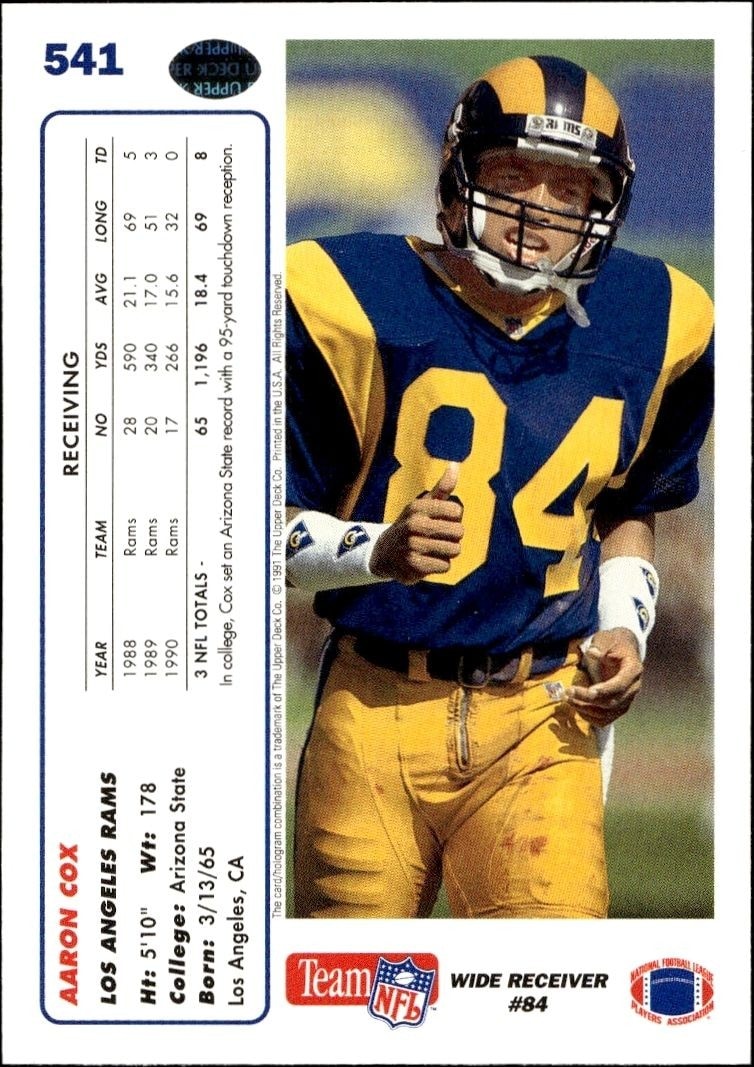 1991 Upper Deck Aaron Cox #541 football trading card back