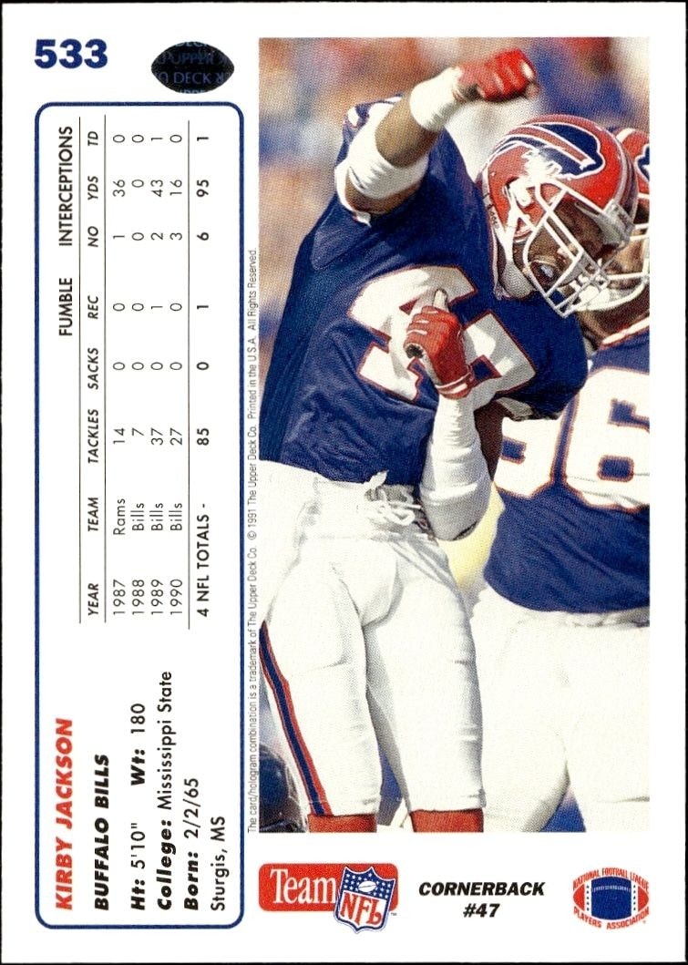 1991 Upper Deck Kirby Jackson #533 football trading card back
