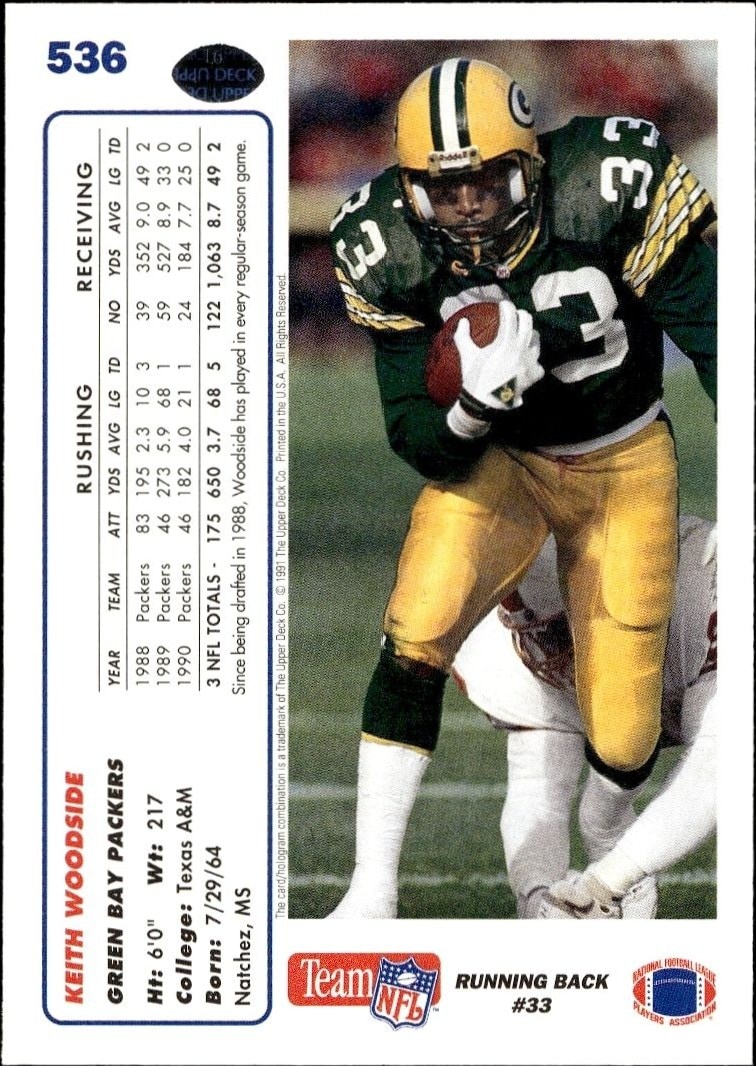1991 Upper Deck Keith Woodside #536 football trading card back