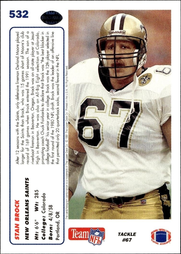 1991 Upper Deck Stan Brock #532 football trading card back