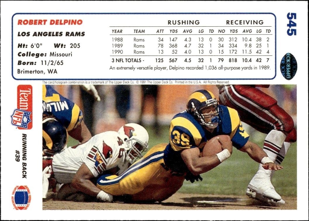 1991 Upper Deck Robert Delpino #545 football trading card back