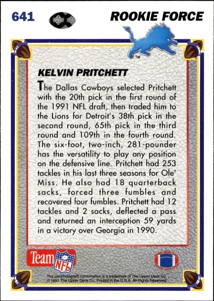 1991 Upper Deck Kelvin Pritchett #641 football trading card back