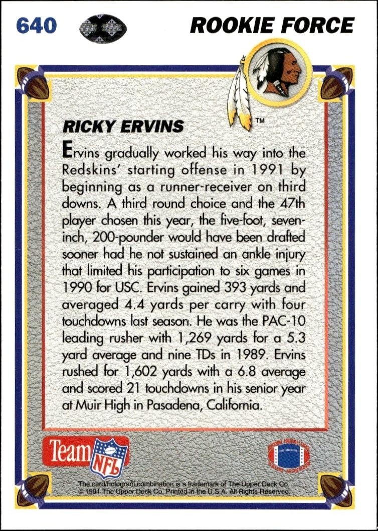 1991 Upper Deck Ricky Ervins #640 football trading card back