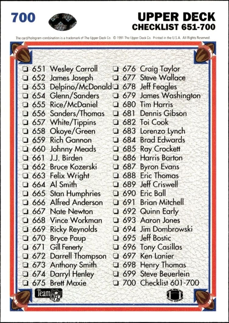 1991 Upper Deck Checklist #700 football trading card back