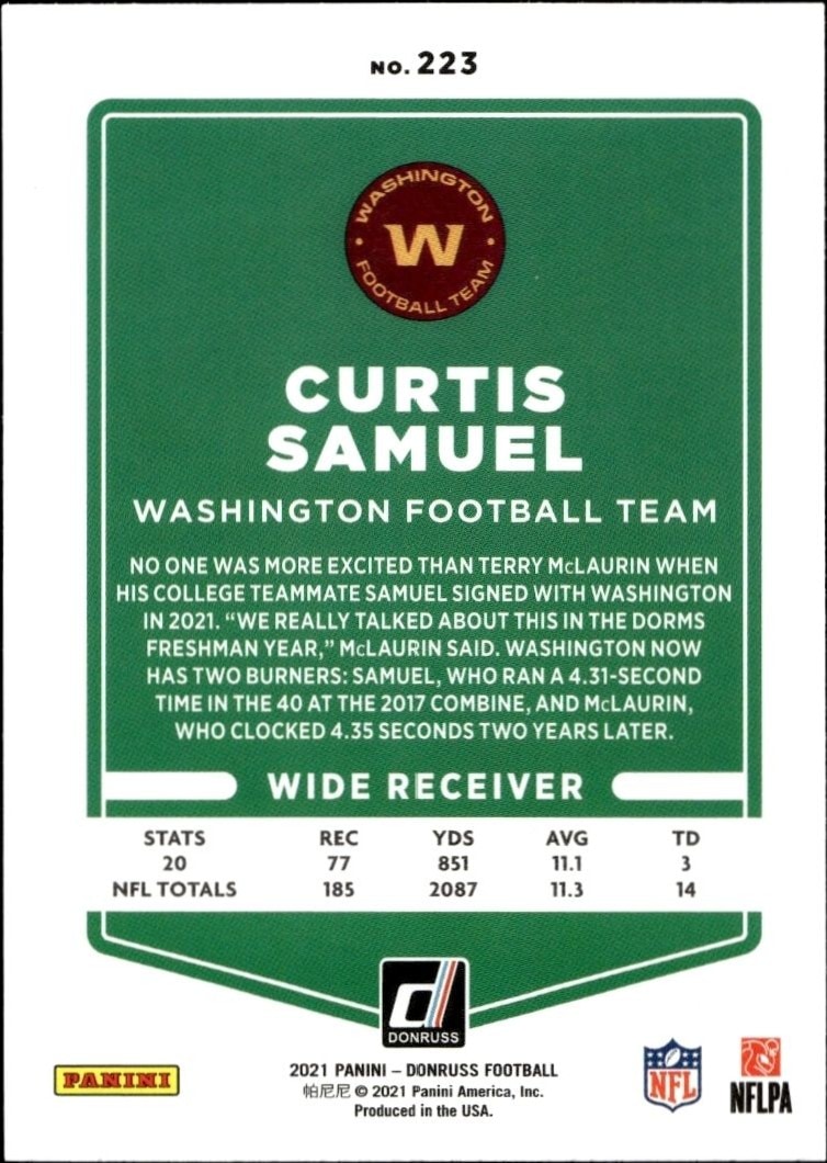 2021 Donruss Curtis Samuel #223 football trading card back