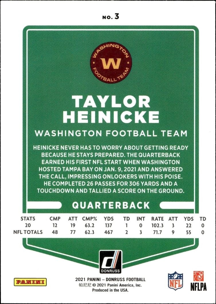 2021 Donruss Taylor Henicke #3 football trading card back