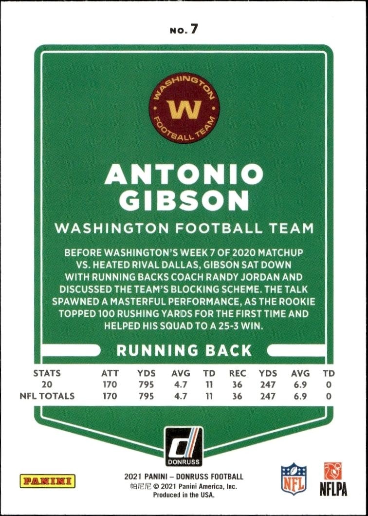 2021 Donruss Antonio Gibson #7 football trading card back